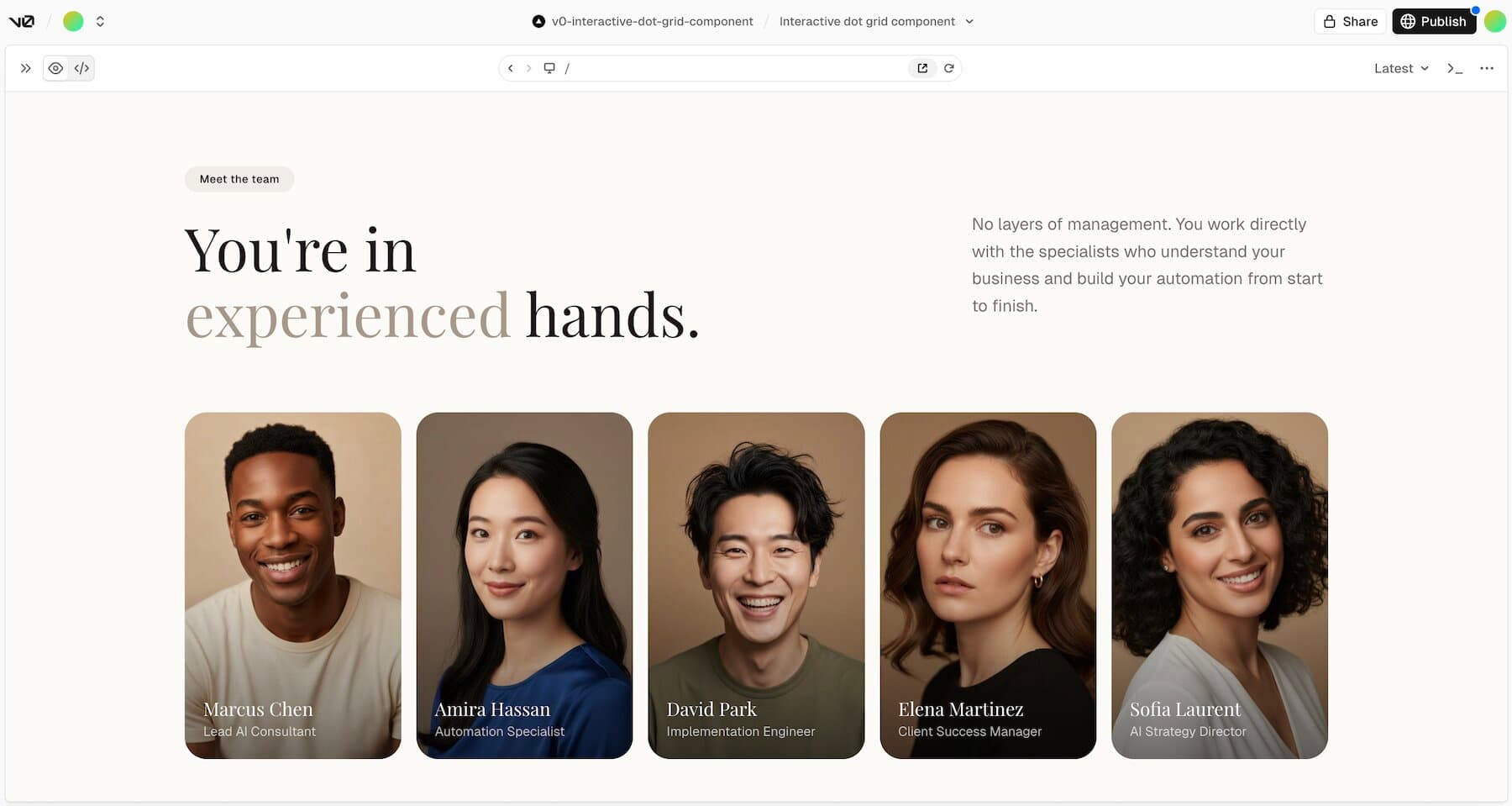 Creating a UI component on v0 - the AI generates the design from a prompt and visual references.